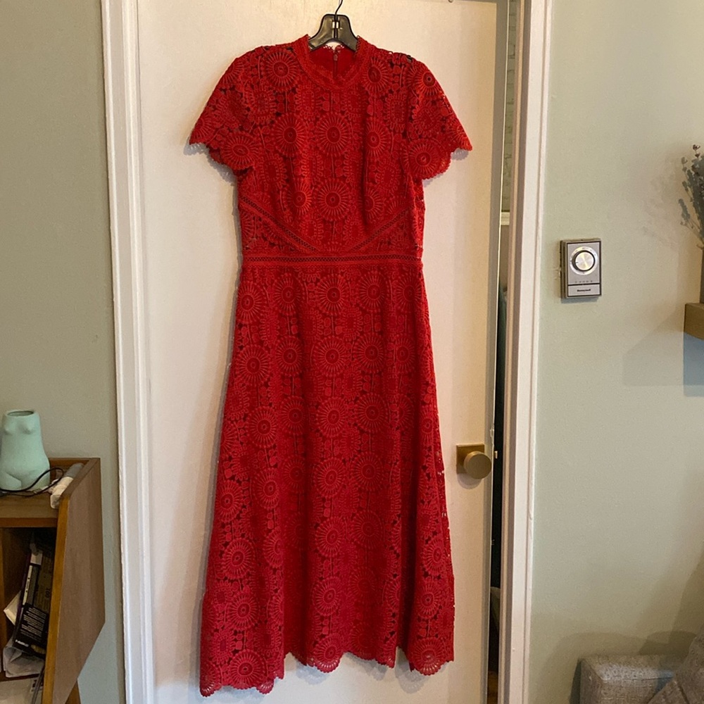 Monique Lhuillier Red Lace Midi Dress